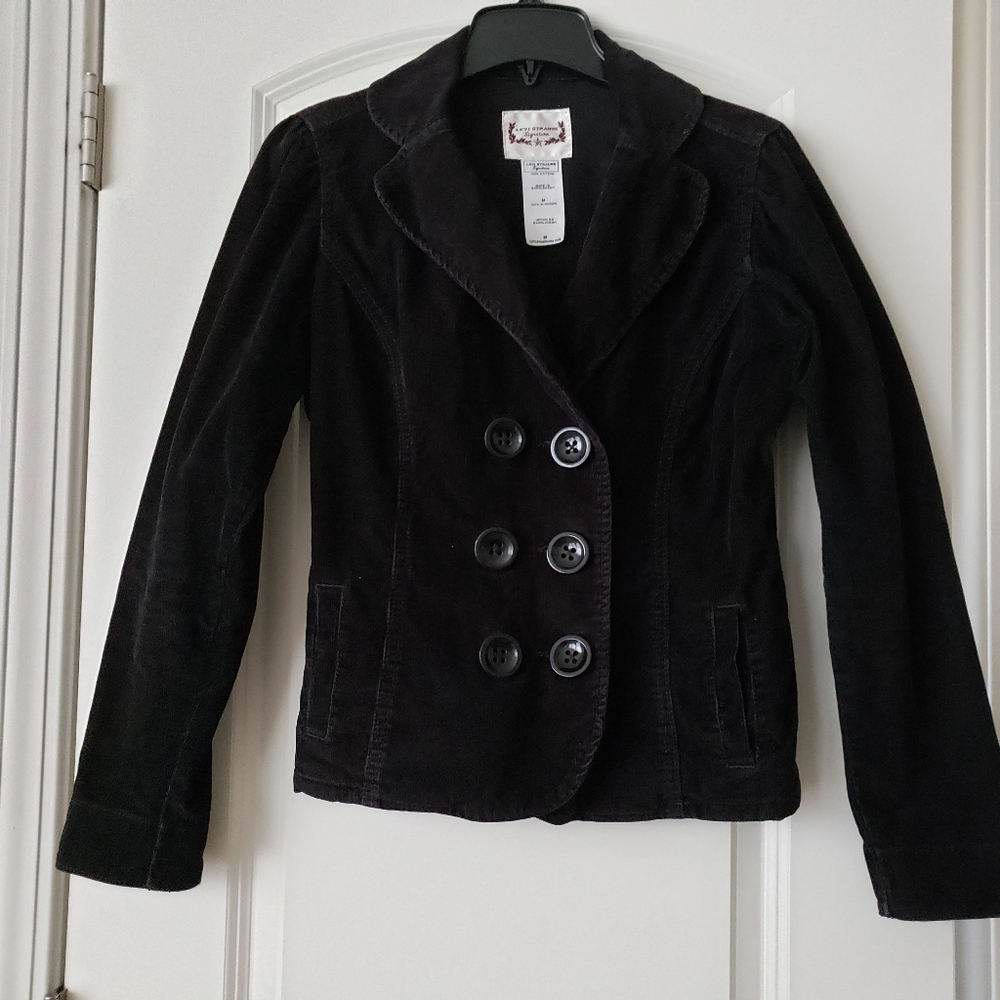 Signature by Levi Strauss Black Corduroy Double-Breasted Pea Coat blazer sz M